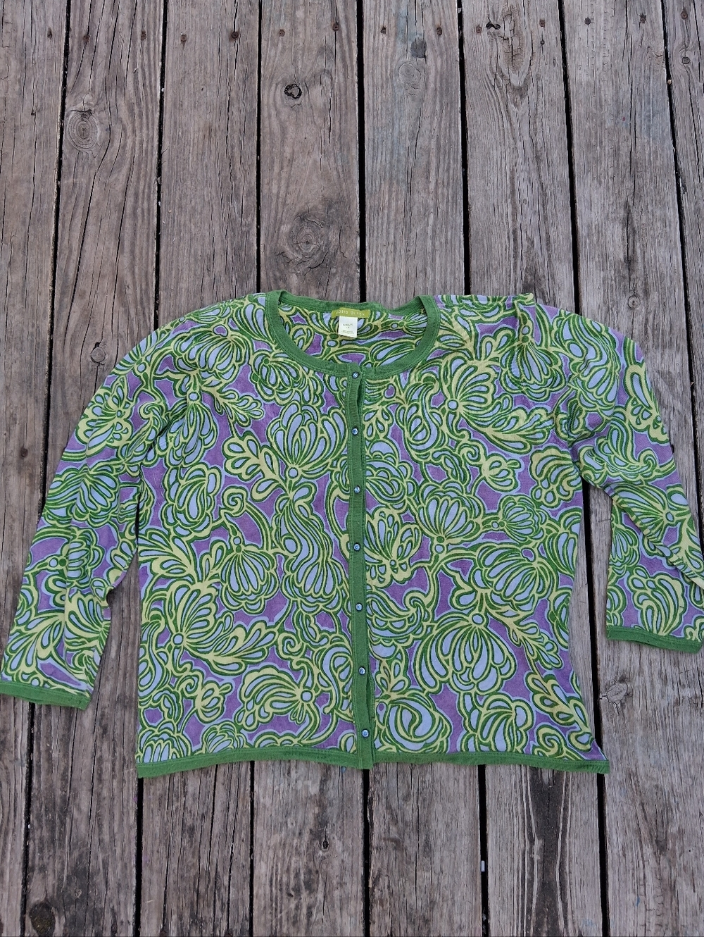 Sigrid Olsen Silk Angora Cardigan 1X Green Purple Floral Artsy Lightweight
